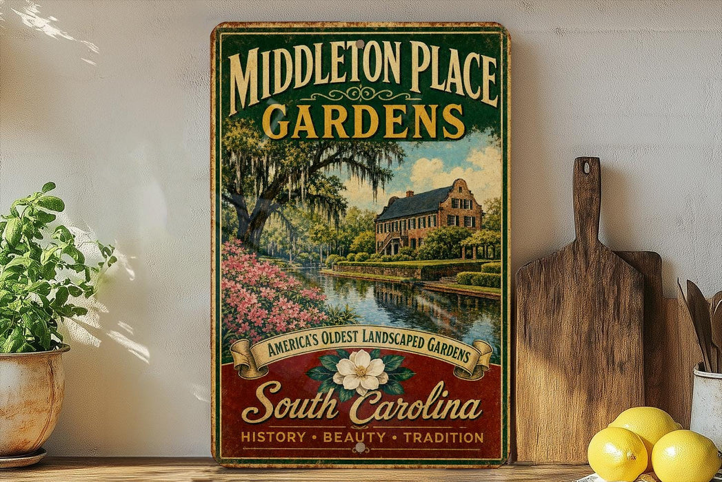 a vintage-style sign for "Middleton Place Gardens" with a painting of a garden scene, surrounded by potted plants and kitchen utensils.