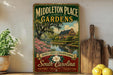 a vintage-style sign for "Middleton Place Gardens" with a painting of a garden scene, surrounded by potted plants and kitchen utensils.