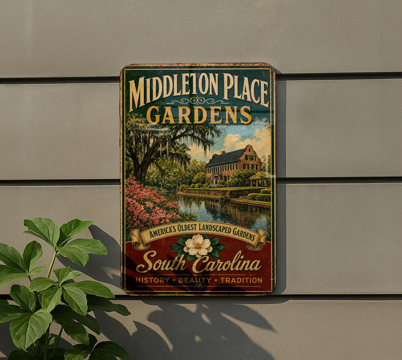 A vintage-style sign for Middleton Place Gardens in South Carolina, featuring a scenic landscape with a house, palm trees, and a pond.