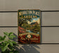 A vintage-style sign for Middleton Place Gardens in South Carolina, featuring a scenic landscape with a house, palm trees, and a pond.