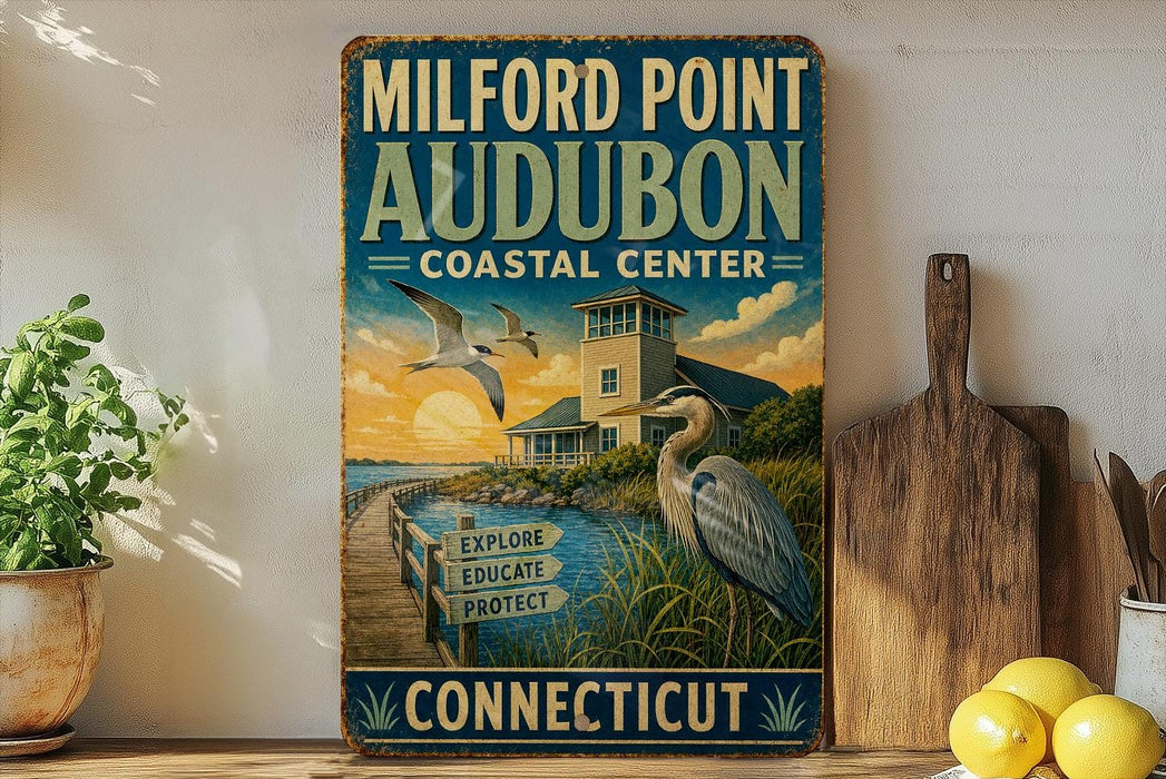 a vintage-style sign for Milford Point Audubon, a coastal center in Connecticut, with a scenic illustration of a coastal landscape and birds.