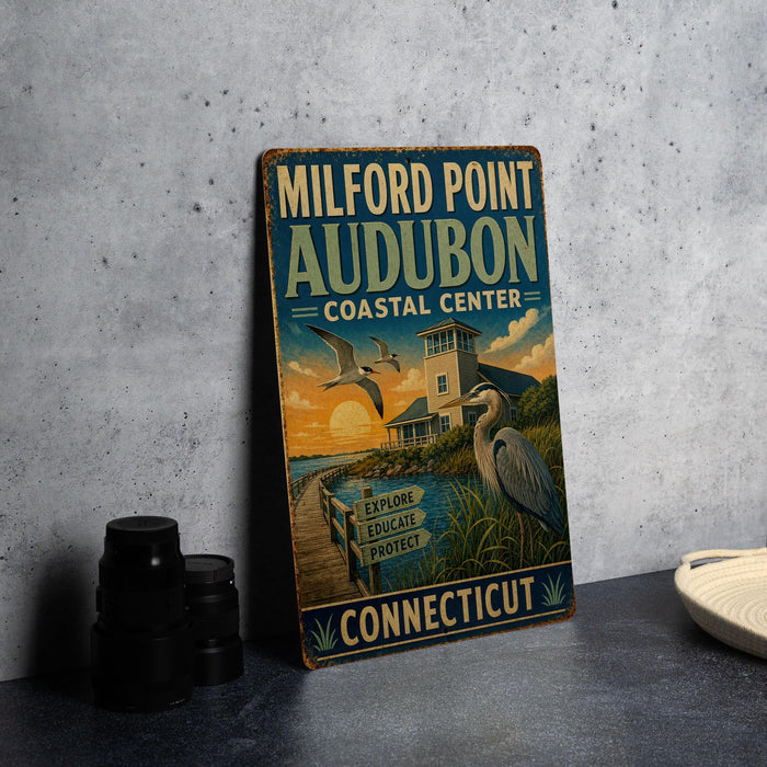 A vintage sign for Milford Point Audubon Coastal Center in Connecticut, featuring an illustration of a coastal scene with birds and a lighthouse.