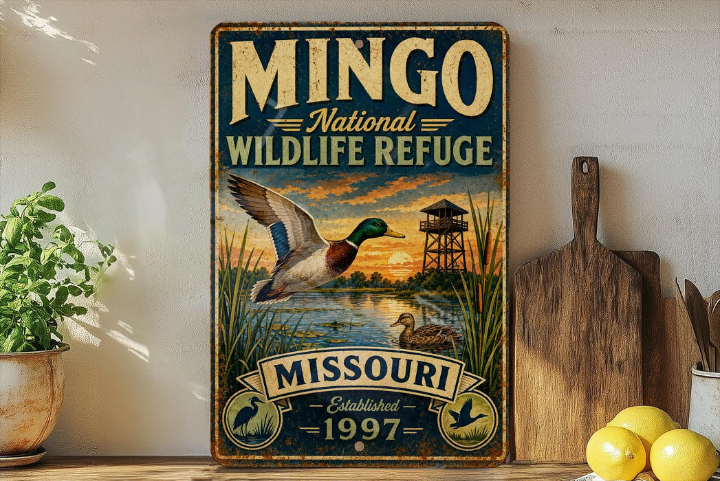 a vintage-style metal sign for the Mingso National Wildlife Refuge in Missouri, with a duck flying over a lake and a sunset in the background.