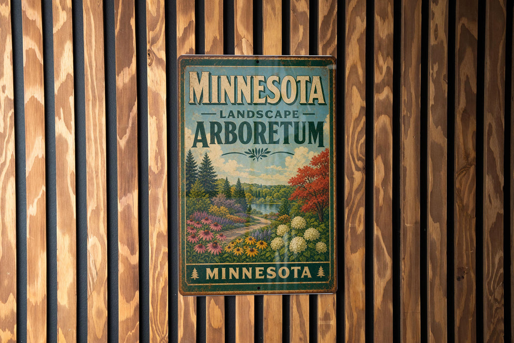 A vintage-style metal sign for the Minnesota Landscape Arboretum, featuring a scenic landscape with trees, flowers, and a lake.