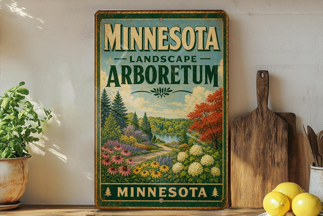 A vintage-style sign for the Minnesota Landscape Arboretum, featuring a scenic landscape with trees, flowers, and a winding path.