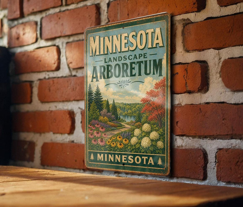 A vintage-style metal sign for the Minnesota Landscape Arboretum is displayed on a brick wall.