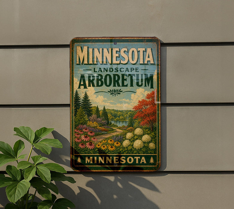 A vintage-style sign for the Minnesota Landscape Arboretum, featuring a scenic landscape with trees, flowers, and a winding path.