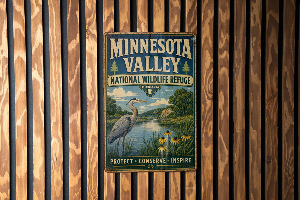 A vintage-style metal sign for the Minnesota Valley National Wildlife Refuge, featuring a heron and a scenic landscape, is displayed on a wooden wall.