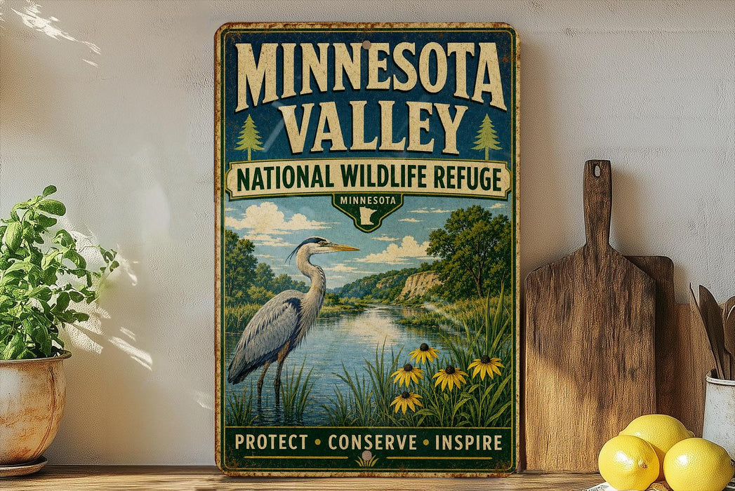 A vintage-style sign for the Minnesota Valley National Wildlife Refuge, featuring an illustration of a heron and a scenic landscape.