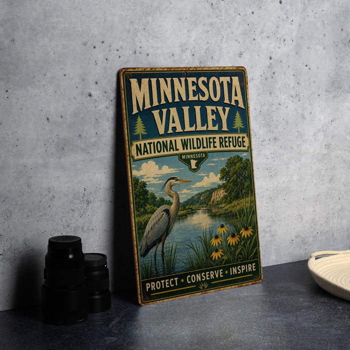 A vintage-style sign for the Minnesota Valley National Wildlife Refuge, featuring an illustration of a bird and a scenic landscape.