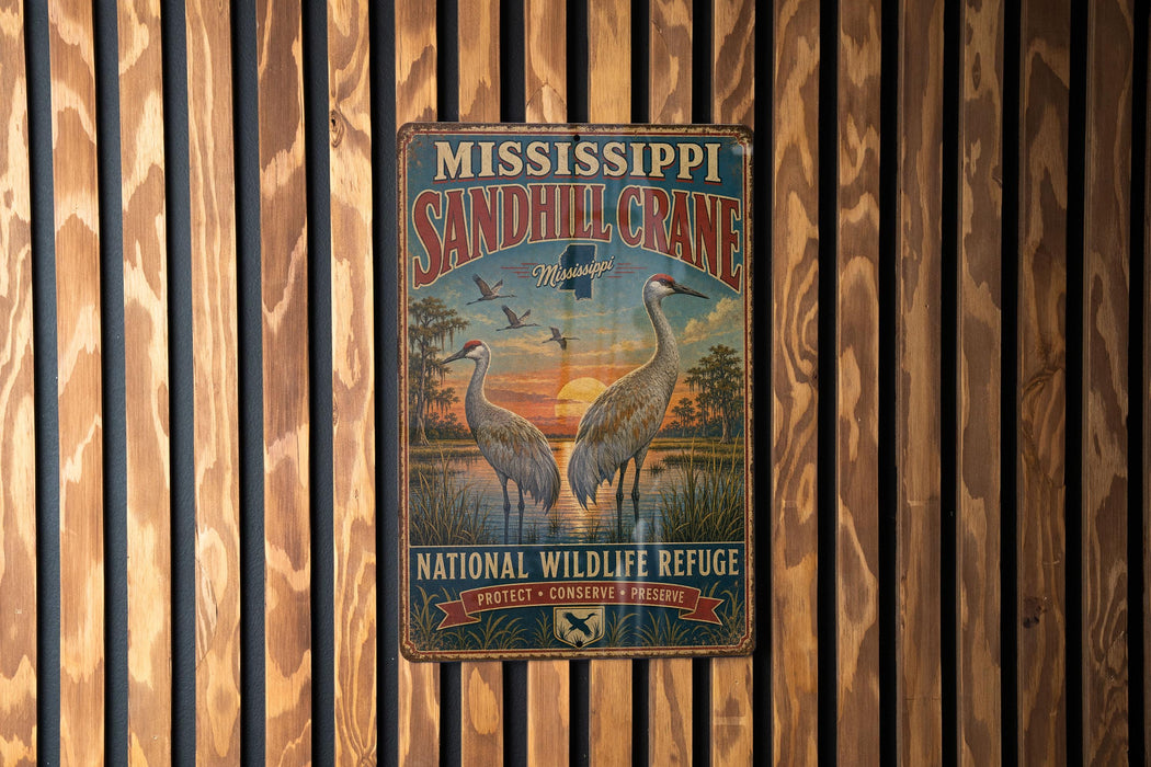 A vintage metal sign for the Sandhill Crane National Wildlife Refuge in Mississippi, featuring an illustration of two sandhill cranes standing in a pond with a sunset in the background.