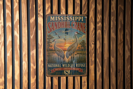 A vintage metal sign for the Sandhill Crane National Wildlife Refuge in Mississippi, featuring an illustration of two sandhill cranes standing in a pond with a sunset in the background.