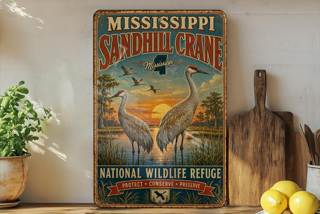 A vintage-style metal sign for the Mississippi Sandhill Crane National Wildlife Refuge, featuring illustrations of the crane and a sunset landscape.