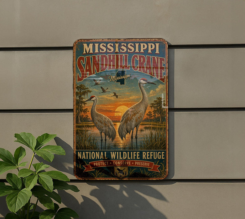 A vintage metal sign for the Mississippi Sandhill Crane National Wildlife Refuge, featuring an illustration of two sandhill cranes against a sunset landscape.