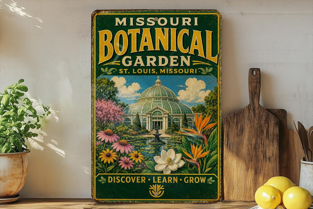 A vintage-style metal sign for the Missouri Botanical Garden in St. Louis, Missouri, featuring a colorful illustration of the garden and a dome-shaped greenhouse.