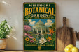 A vintage-style metal sign for the Missouri Botanical Garden in St. Louis, Missouri, featuring a colorful illustration of the garden and a dome-shaped greenhouse.