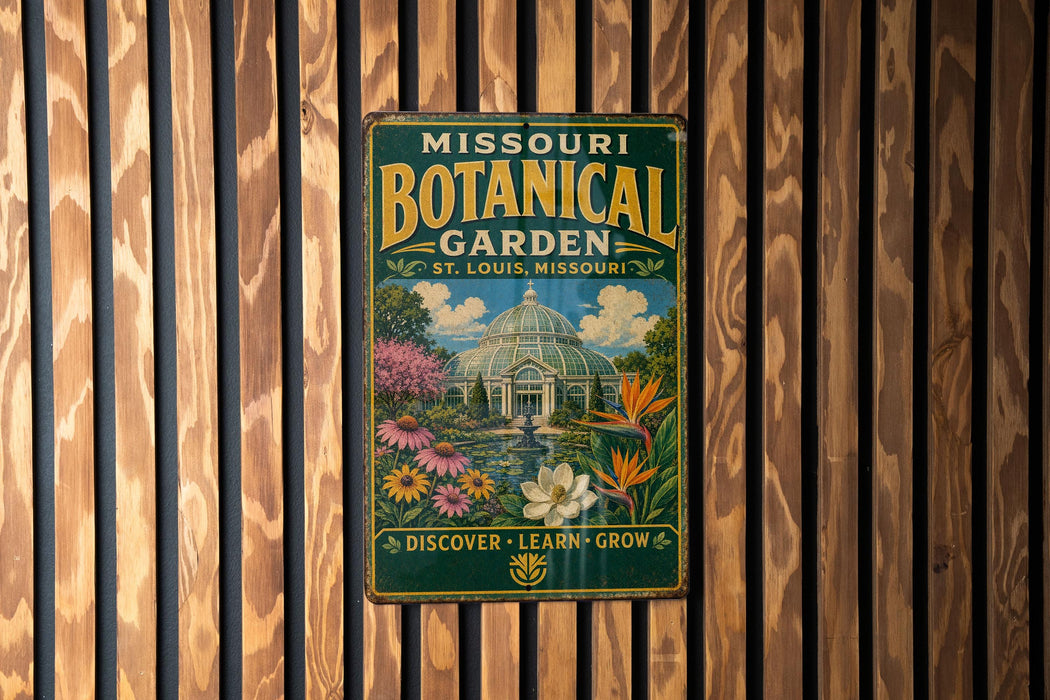 A vintage-style metal sign for the Missouri Botanical Garden, featuring a colorful illustration of the greenhouse and various flowers.