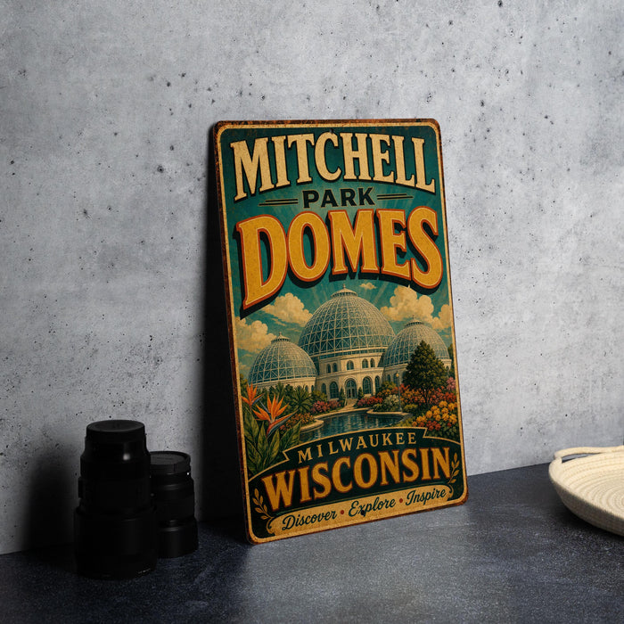 A vintage-style metal sign for Mitchell Park Domes in Milwaukee, Wisconsin, featuring an illustration of the domed structures and the text "Mitchell Park Domes" prominently displayed.