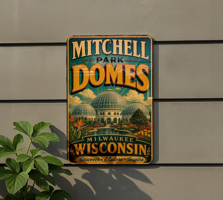 A vintage-style metal sign for Mitchell Park Domes in Milwaukee, Wisconsin, featuring a colorful illustration of the domes and a message encouraging visitors to "Discover, Explore, Inspire".