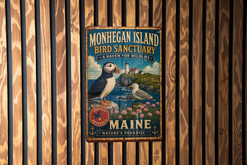 A vintage metal sign for the Monhegan Island Bird Sanctuary in Maine, featuring a puffin and a seagull, is displayed on a wooden wall.