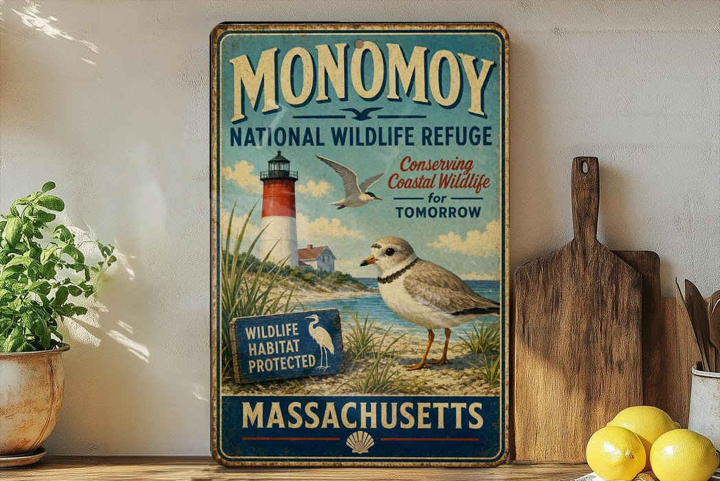 a vintage-style metal sign with a coastal scene, including a lighthouse, a bird, and a beach. The sign is titled "MONOMOY NATIONAL WILDLIFE REFUGE" and "CONSERVING COASTAL WILDLIFE TOMORROW". The sign also includes a message about wildlife habitat protection in Massachusetts.