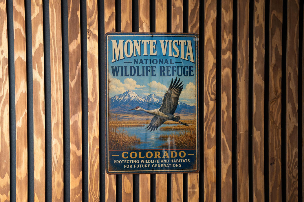 A vintage-style metal sign for the Monte Vista National Wildlife Refuge in Colorado, featuring a bird in flight and a scenic landscape.
