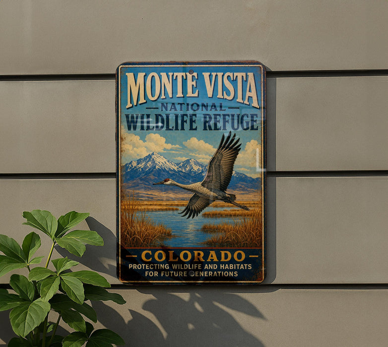 A vintage-style metal sign for the Monte Vista National Wildlife Refuge in Colorado, featuring a bird in flight and a scenic landscape.