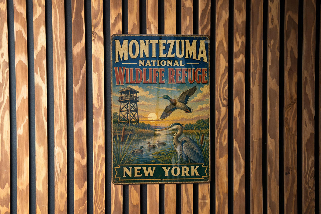 A vintage-style metal sign for the Montezuma National Wildlife Refuge in New York, featuring a bird flying over a lake and a bird standing on a branch.