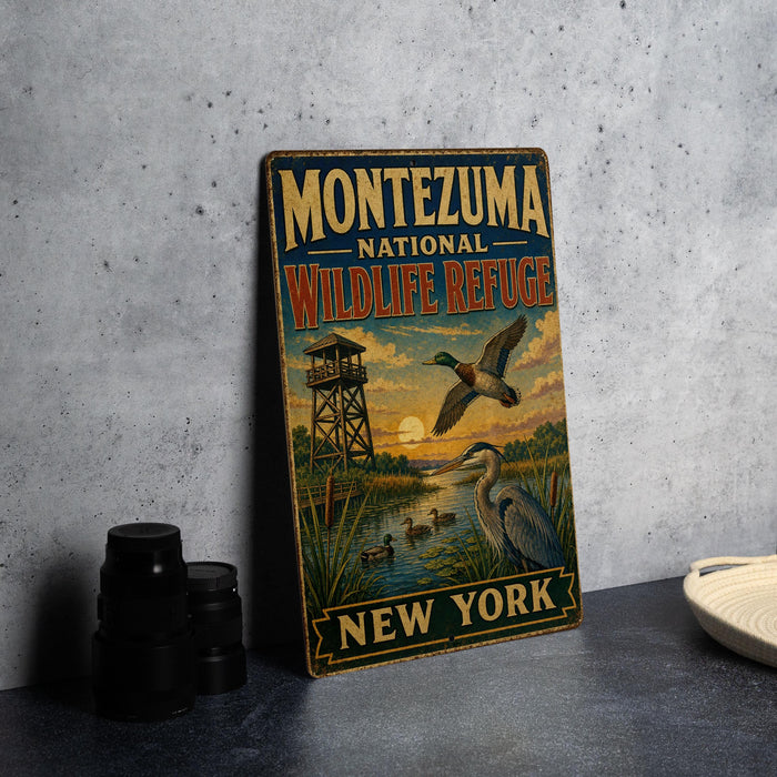 A vintage-style metal sign for Montezuma National Wildlife Refuge in New York, featuring an illustration of ducks and a tower in the background.