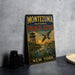 A vintage-style metal sign for Montezuma National Wildlife Refuge in New York, featuring an illustration of ducks and a tower in the background.