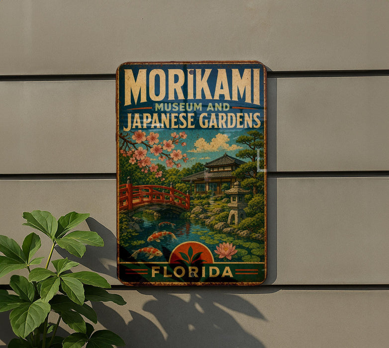 A vintage metal sign for the Morikami Museum and Japanese Gardens in Florida, featuring a scenic illustration of a Japanese garden with a bridge and cherry blossom trees.