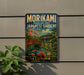 A vintage metal sign for the Morikami Museum and Japanese Gardens in Florida, featuring a scenic illustration of a Japanese garden with a bridge and cherry blossom trees.