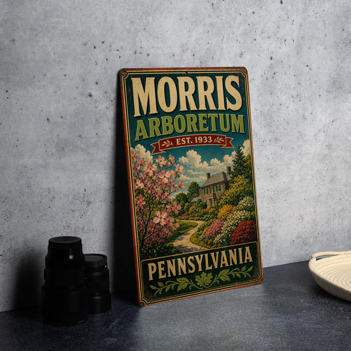 A vintage-style poster advertising the Morris Arboretum in Pennsylvania, featuring a garden scene with pink flowers and a house.