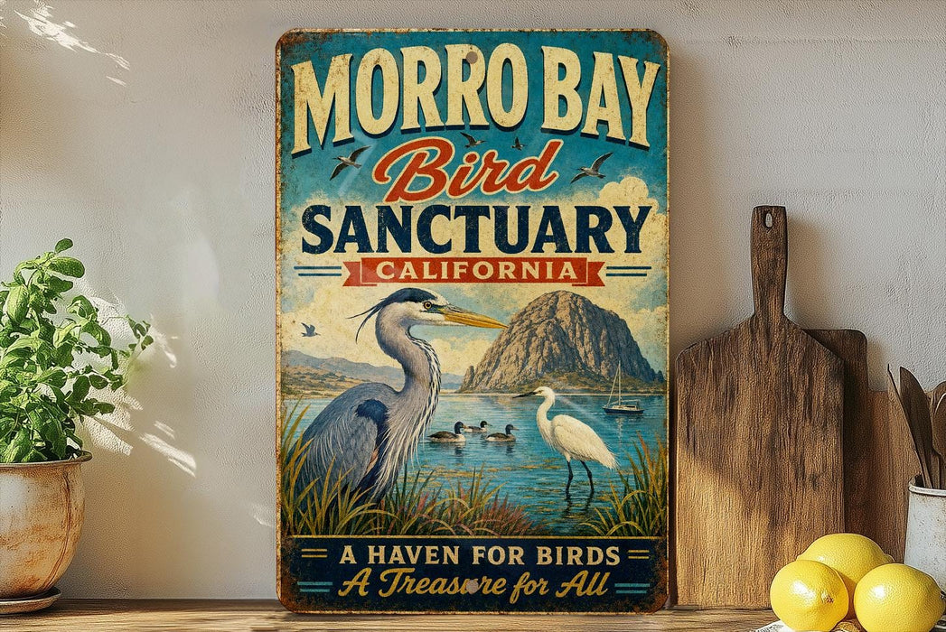 a vintage-style sign for Morro Bay Bird Sanctuary, California, with illustrations of a heron and a bird in a pond. The sign also includes the text "A HAVEN FOR BIRDS A TREASURE for ALL".