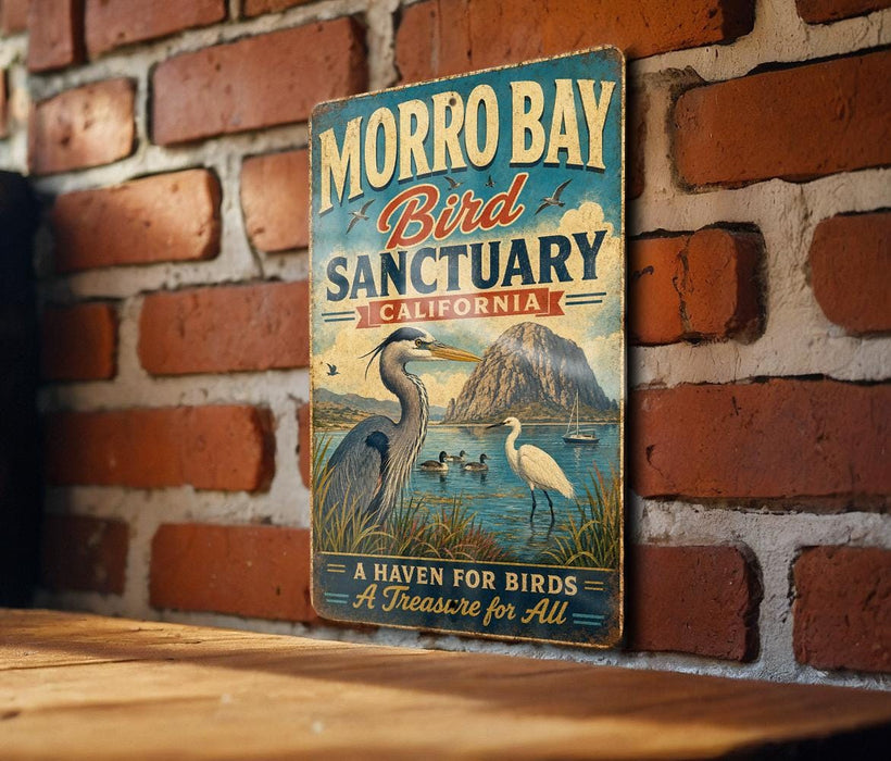 A vintage-style sign for Morro Bay Bird Sanctuary in California, featuring illustrations of birds and a scenic landscape.