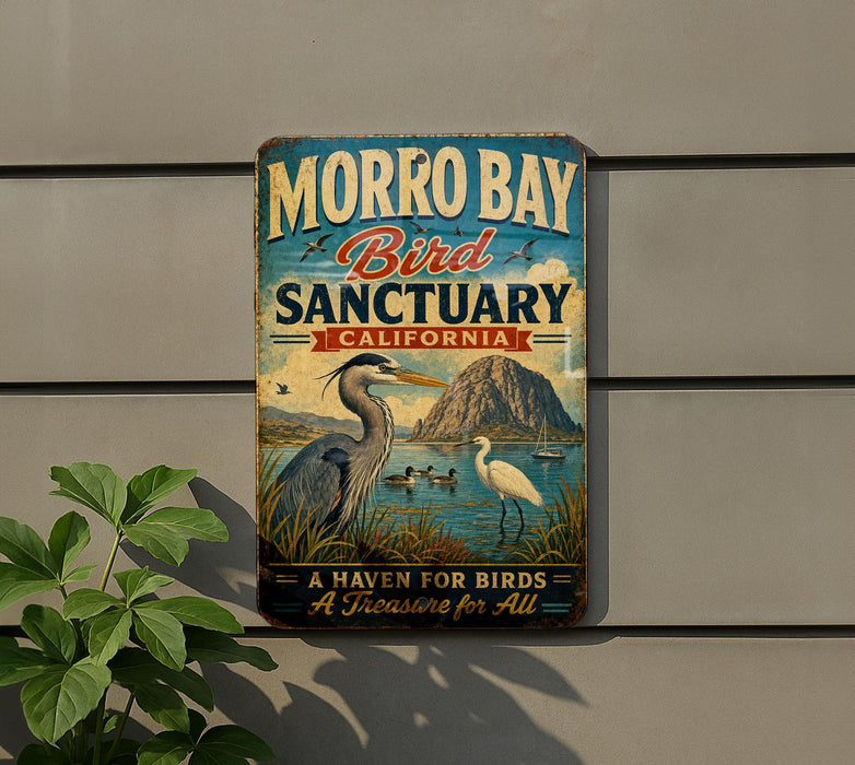 A vintage-style metal sign for Morro Bay Bird Sanctuary in California, featuring illustrations of birds and a scenic landscape.