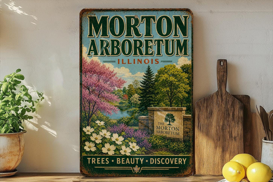 A vintage-style metal sign for the Morton Arboretum in Illinois, featuring a scenic landscape with trees, flowers, and a pond.