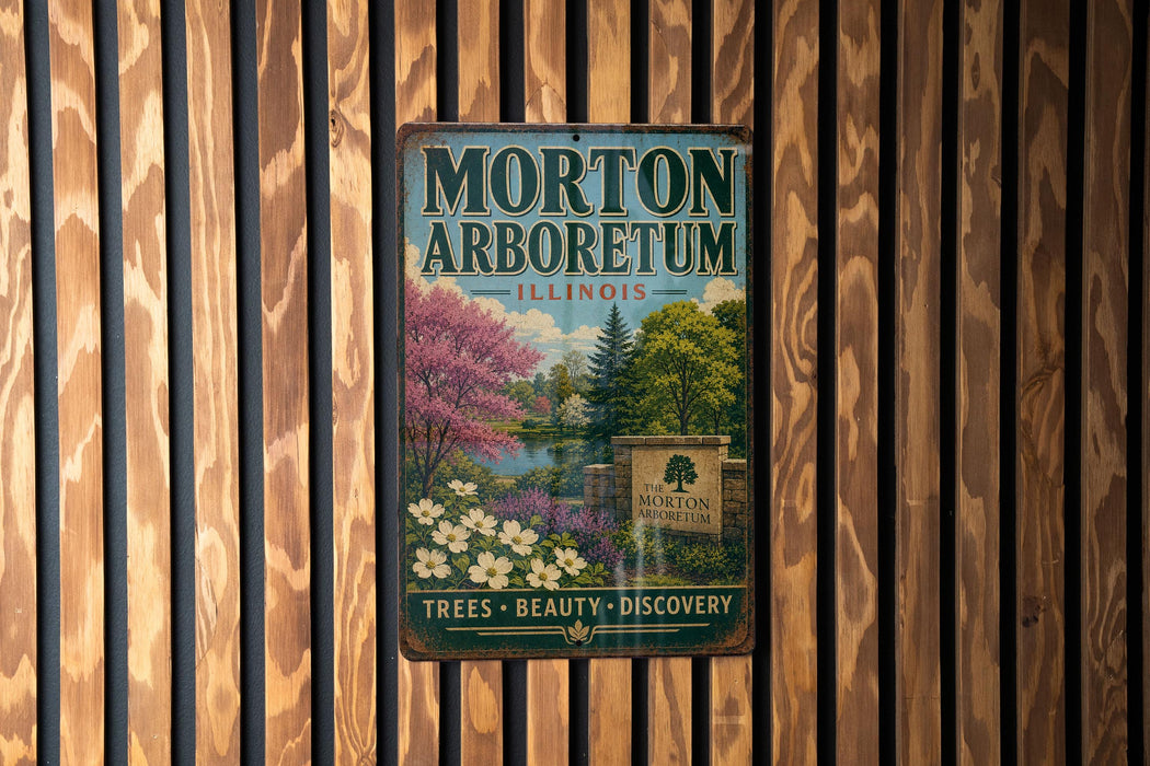 A vintage metal sign for Morton Arboretum in Illinois, featuring a scenic landscape with trees, flowers, and a pond.