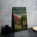 A vintage metal sign for Morton Arboretum in Illinois, featuring a scenic landscape with trees, flowers, and a lake.