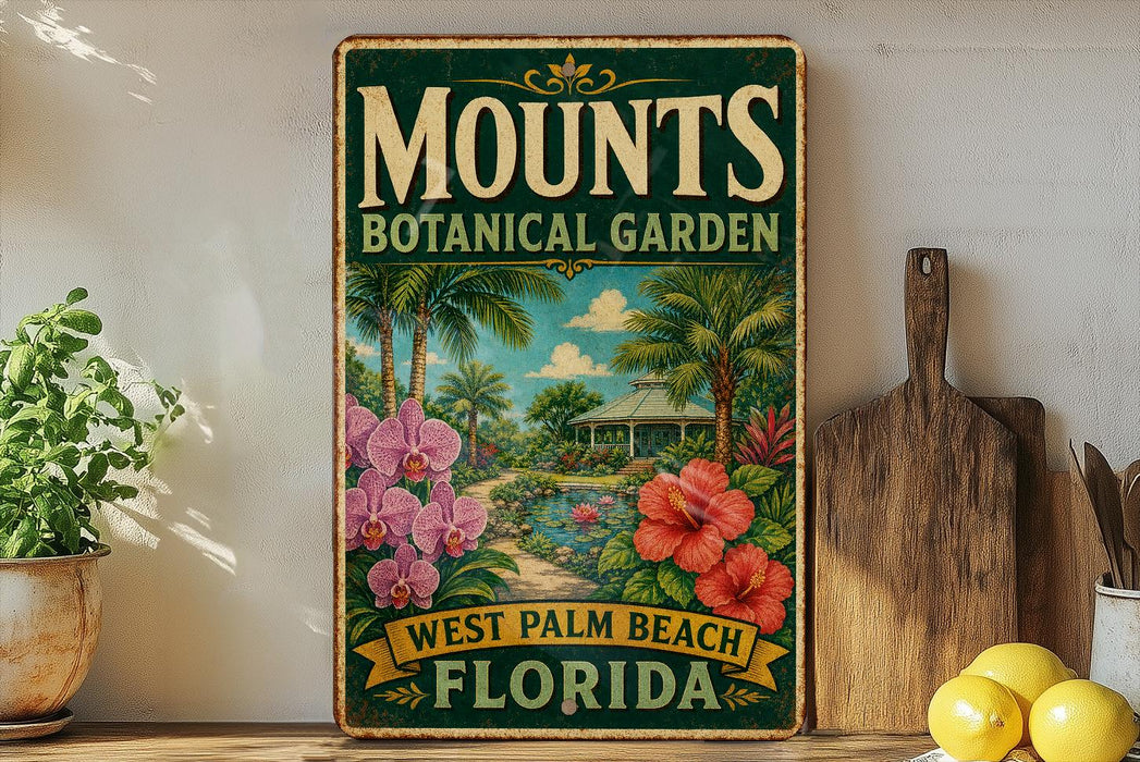 A vintage-style metal sign for the Mounts Botanical Garden in West Palm Beach, Florida, featuring a tropical garden scene with palm trees, flowers, and a gazebo.
