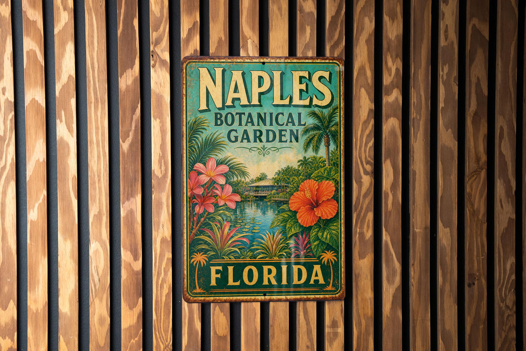 A vintage-style metal sign for the Naples Botanical Garden in Florida, featuring colorful tropical flowers and palm trees.