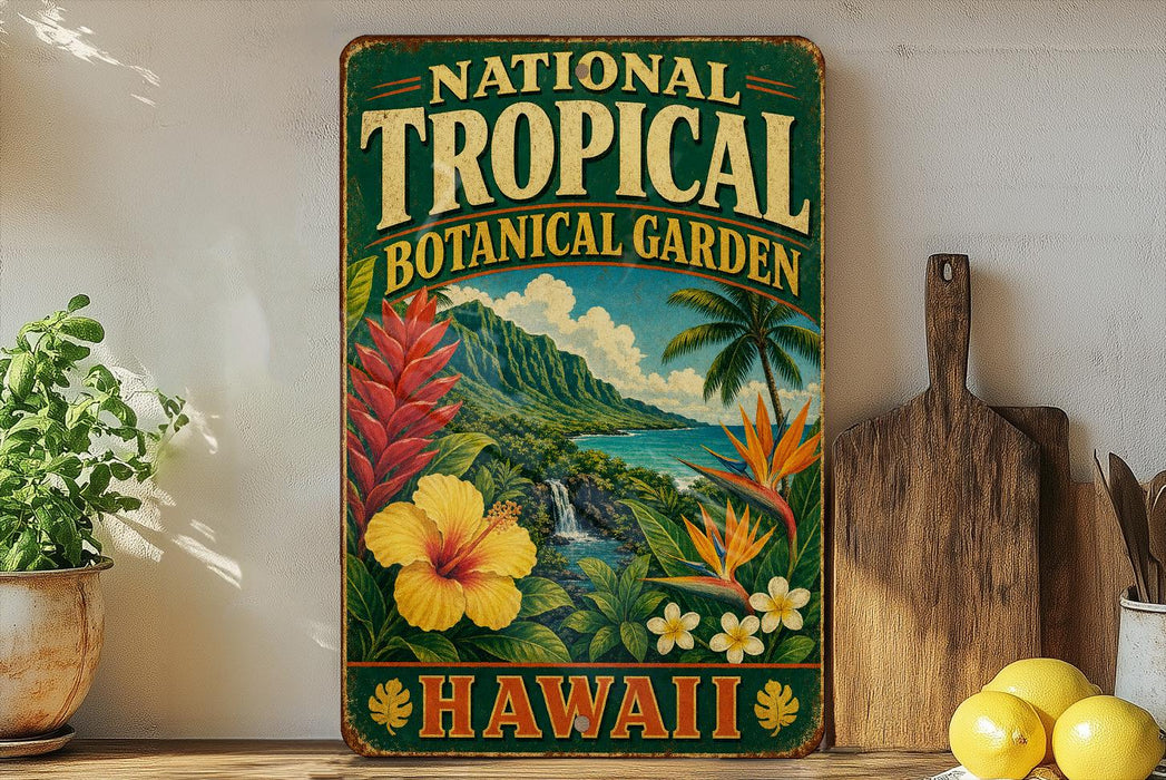 A vintage-style sign for the National Tropical Botanical Garden in Hawaii, featuring tropical flowers, plants, and a tropical landscape.