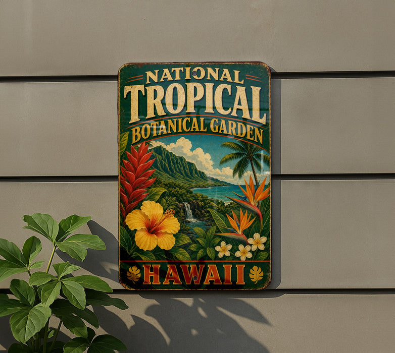 A vintage-style metal sign for the National Tropical Botanical Garden in Hawaii, featuring colorful tropical flowers and plants.