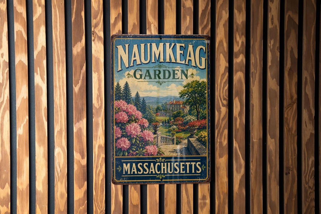 A vintage metal sign for the Naunkeag Garden in Massachusetts, featuring a scenic landscape with a building and trees.