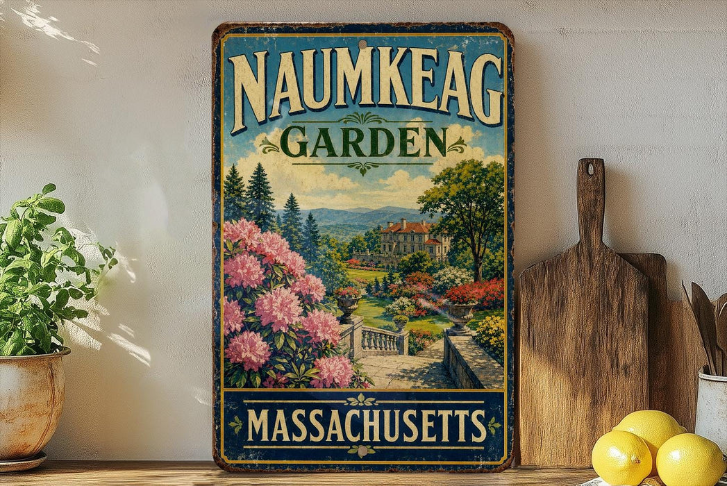 a vintage-style sign for the Naunkeag Garden in Massachusetts, with a scenic landscape of a garden and a house in the background.