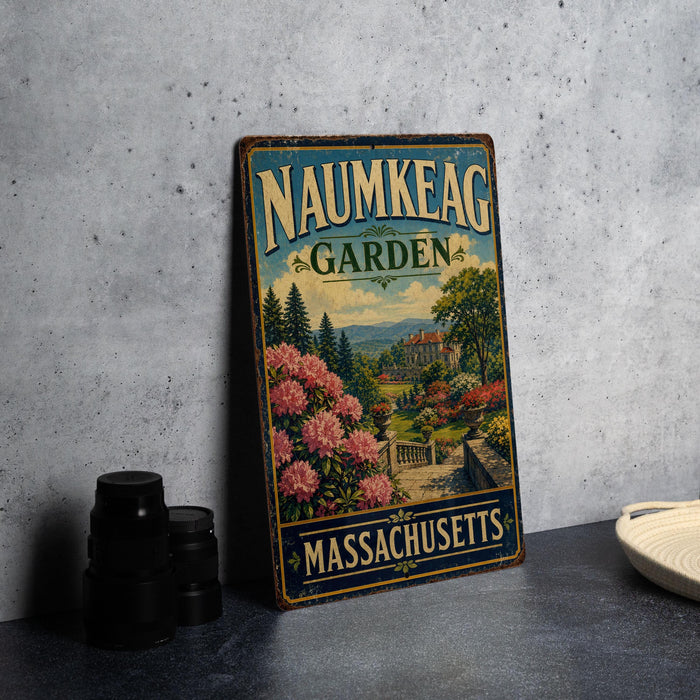 A vintage-style metal sign for the Nautique Garden in Massachusetts, featuring a scenic landscape with a building and flowers.