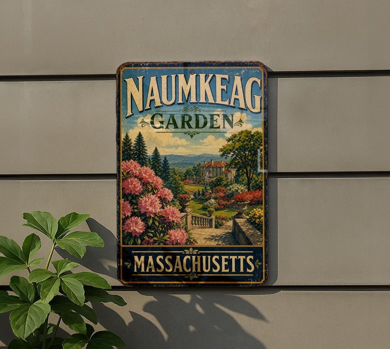 A vintage metal sign for the Naumkeag Garden in Massachusetts, featuring a scenic landscape with a garden, trees, and a building.