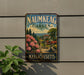 A vintage metal sign for the Naumkeag Garden in Massachusetts, featuring a scenic landscape with a garden, trees, and a building.