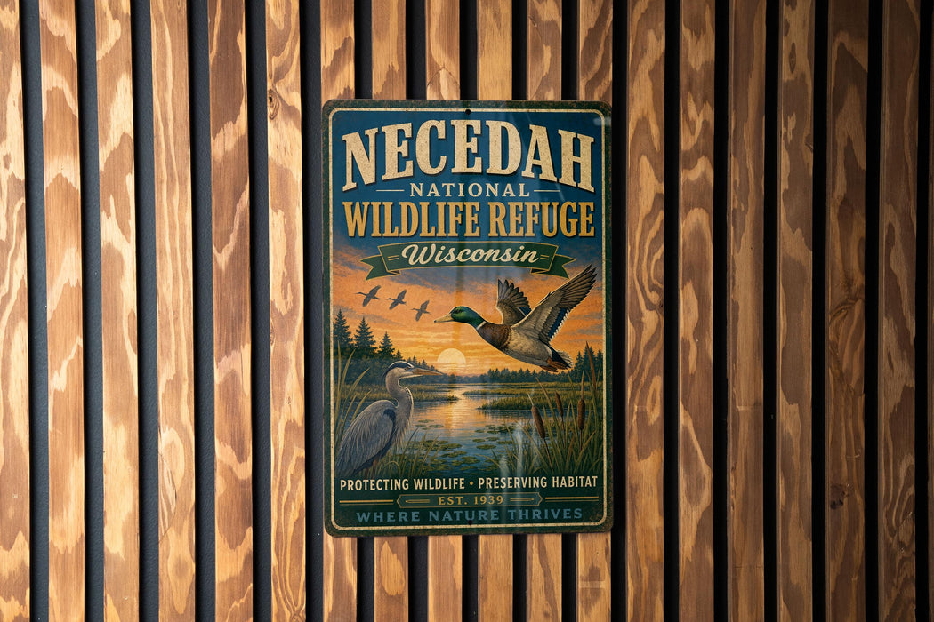 A metal sign for the Necedah National Wildlife Refuge in Wisconsin, featuring a scenic illustration of ducks and a sunset over a lake.