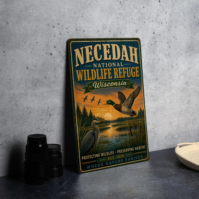 A vintage-style metal sign for the Necedah National Wildlife Refuge in Wisconsin, featuring an illustration of ducks and a sunset landscape.